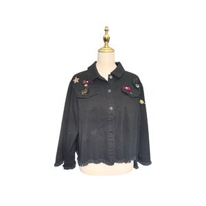 Anthropoloie Guest Editor Women Black Embellished Ruffle Back Denim Jacket Sz M